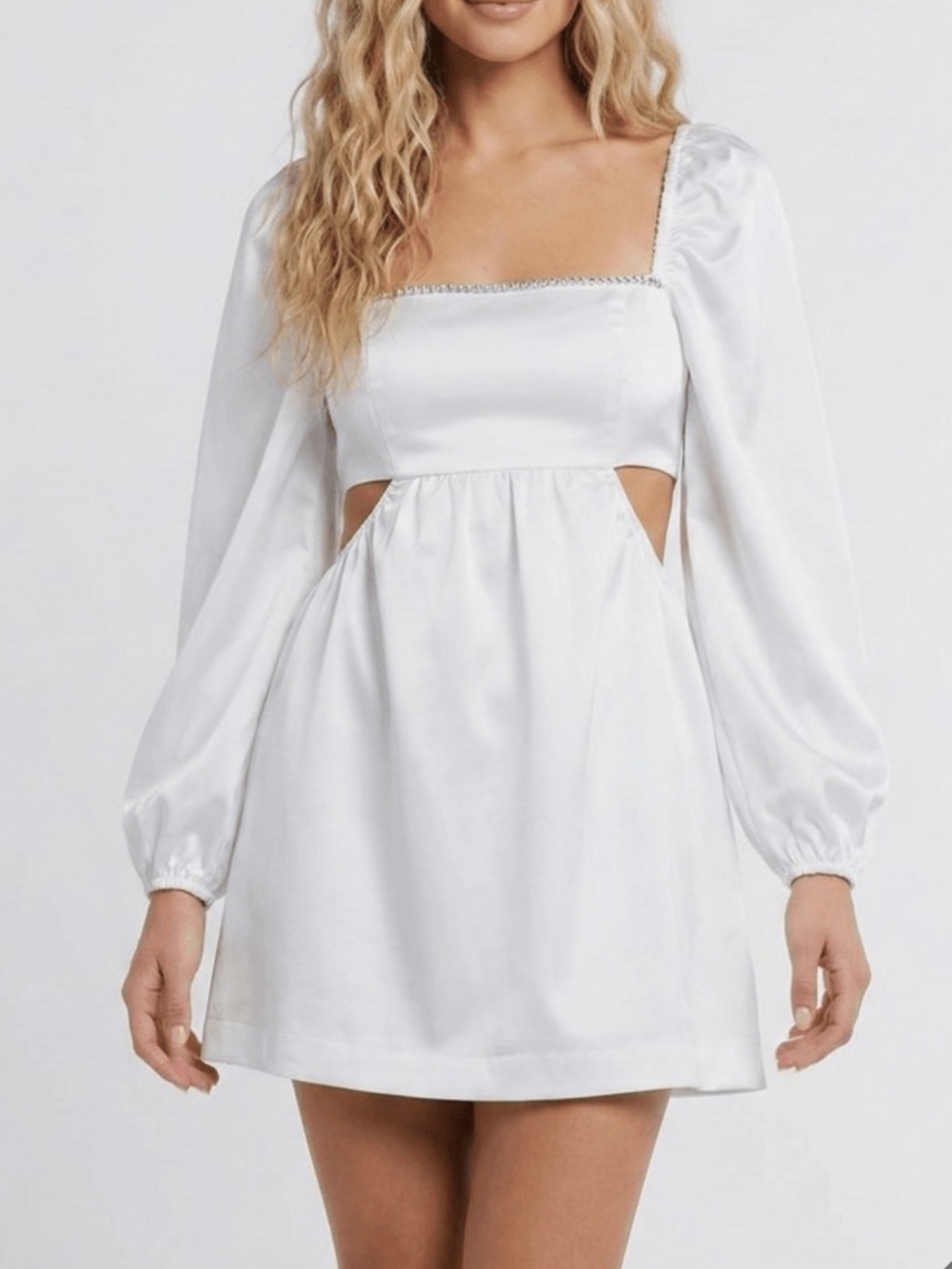 Danielle Bernstein White Puff Sleeve Cut Out Rhinestone Trim Mini Dress Size 2